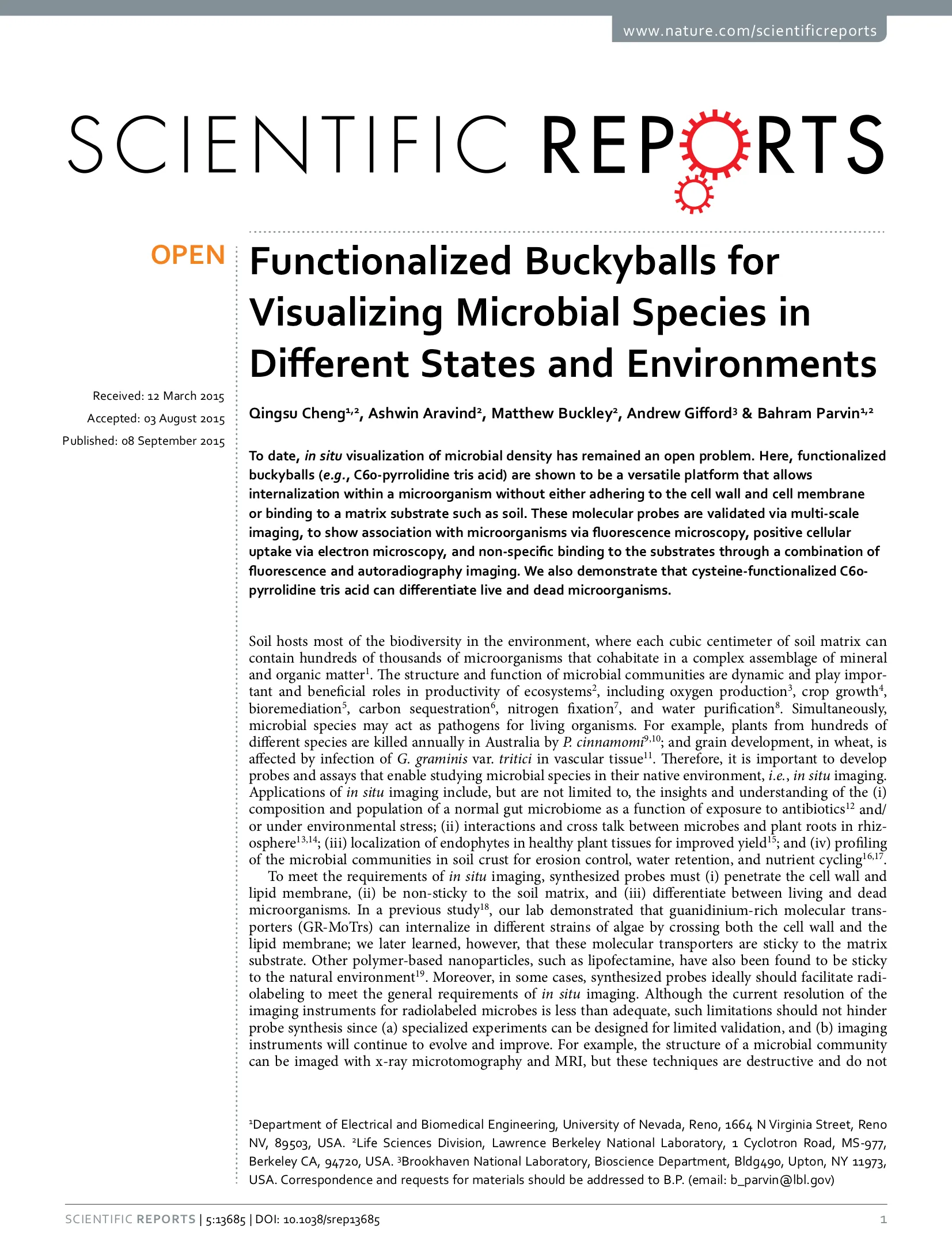 First page of Functionalized Buckyballs for Visualizing Microbial Species in Different States and Environments