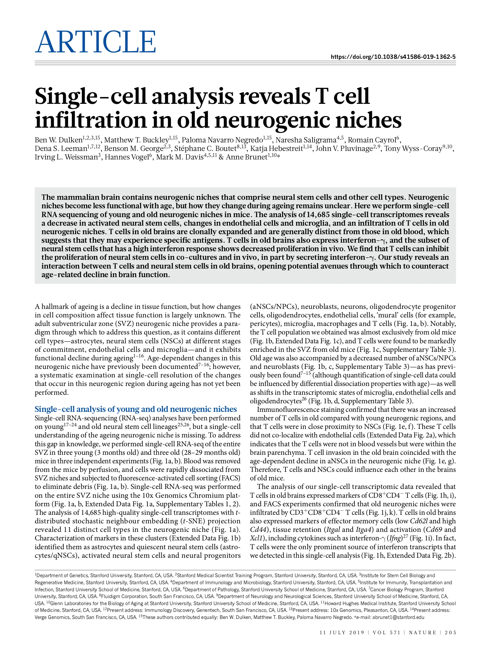 First page of Single-cell analysis reveals T cell infiltration in old neurogenic niches